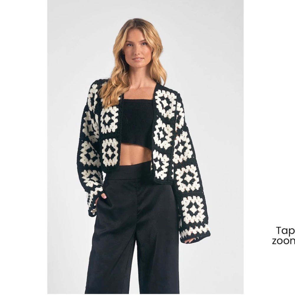 Elan Black and White crochet granny square crop Cardigan